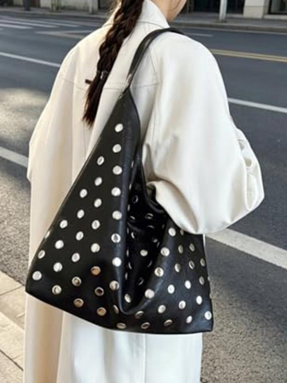 Black Studded Vegan Leather Hobo Bag Y2K Slouchy Punk Shoulder Purse